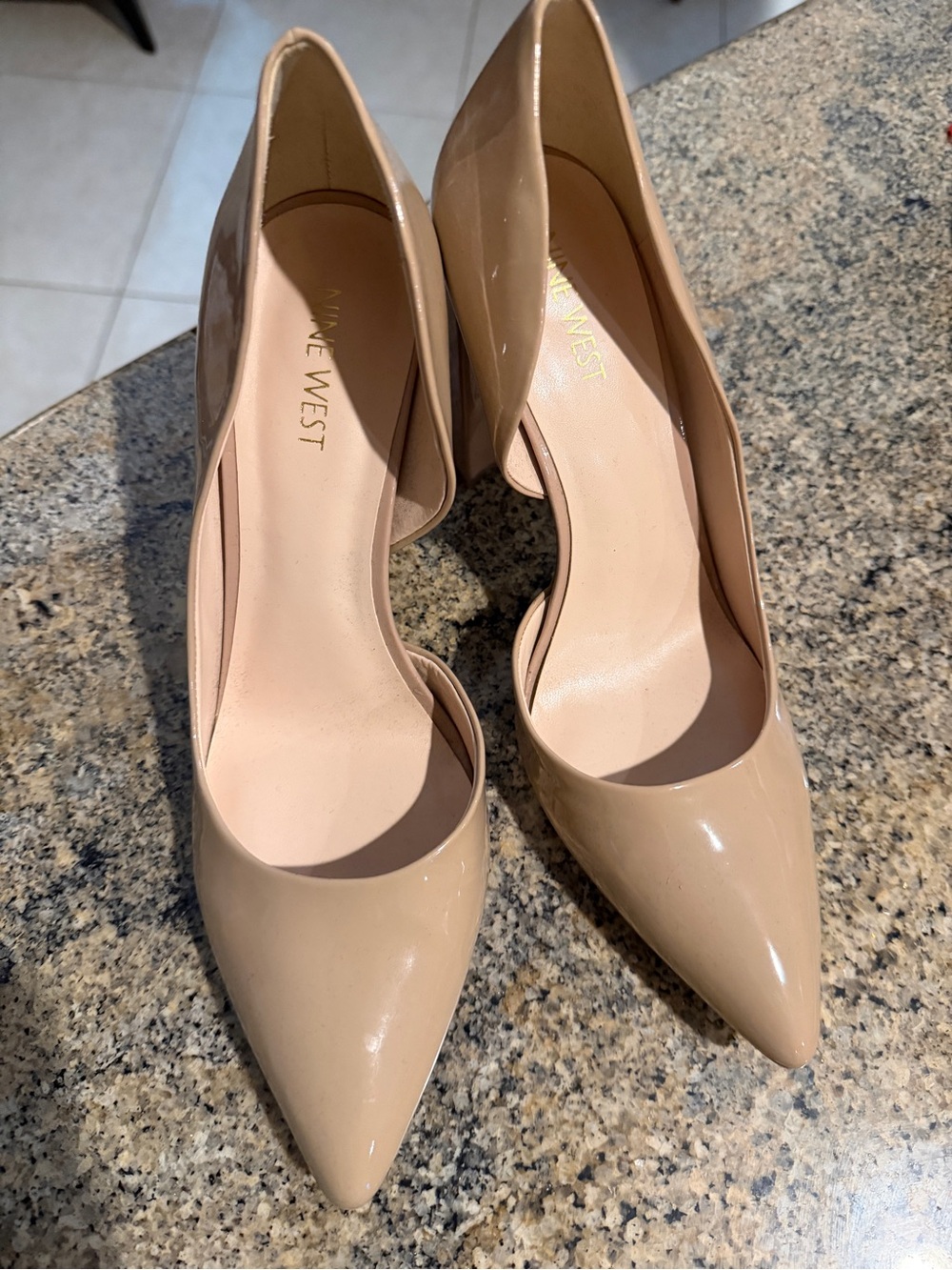 Nine West Beige Patent Pointed-Toe Pumps